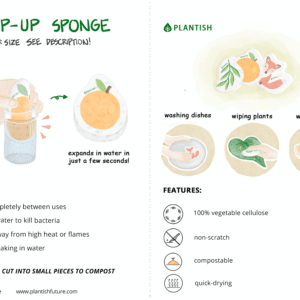 Care tips infographic for kitchen cleaning pop up sponges. Non-scratch, compostable and quick drying.